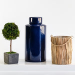 shelf accessories bundle blue glass jar, grass wrapped candleholder cypress topiary
