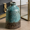 shelf accessories, cane wrapped glass hurricane, blue stoneware vase