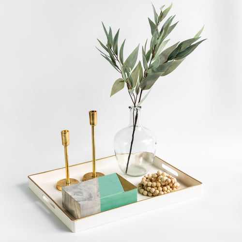 tabletop accessories bundle bronze candlesticks, glass vase, geometric resin box